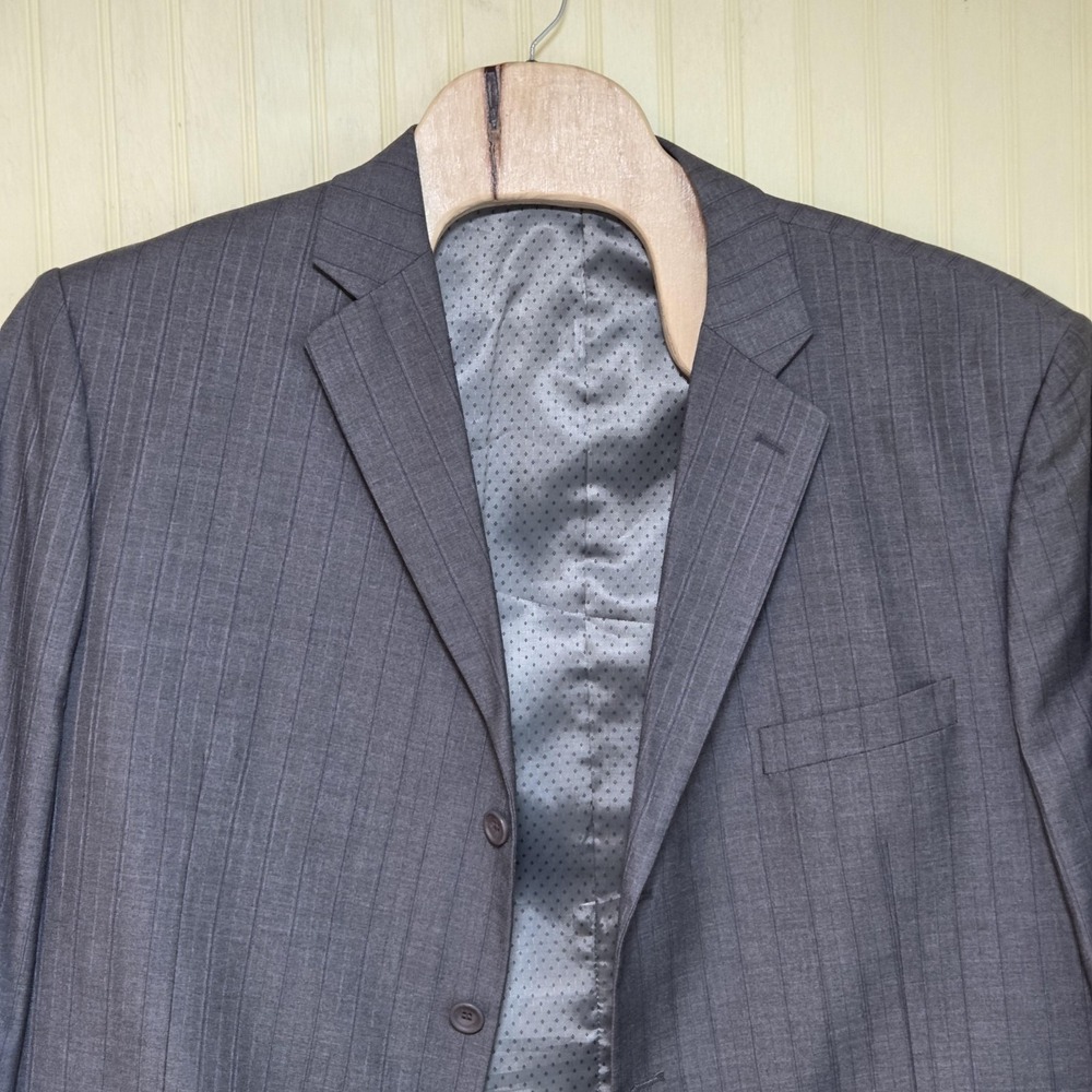 Vinci Suit Jacket Blazer Mens 52R Gray Pinstripe Polyester‎ Rayon 2 Button Lined